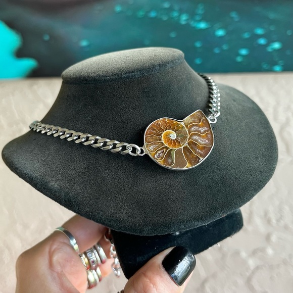 Made to order . genuine fossil ammonite shell stainless steel chain choker - Picture 7 of 14